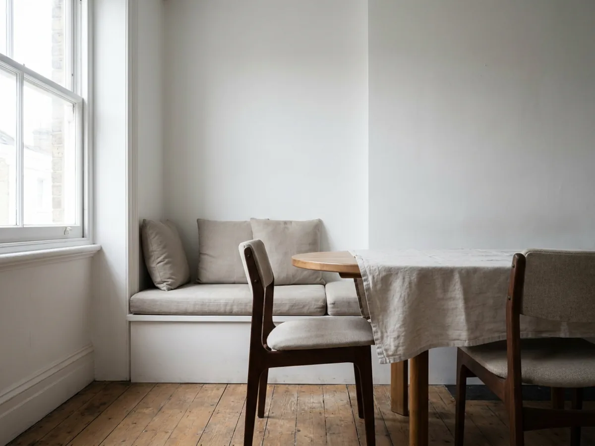 Coin repas simple avec des murs blancs plats avant le relooking