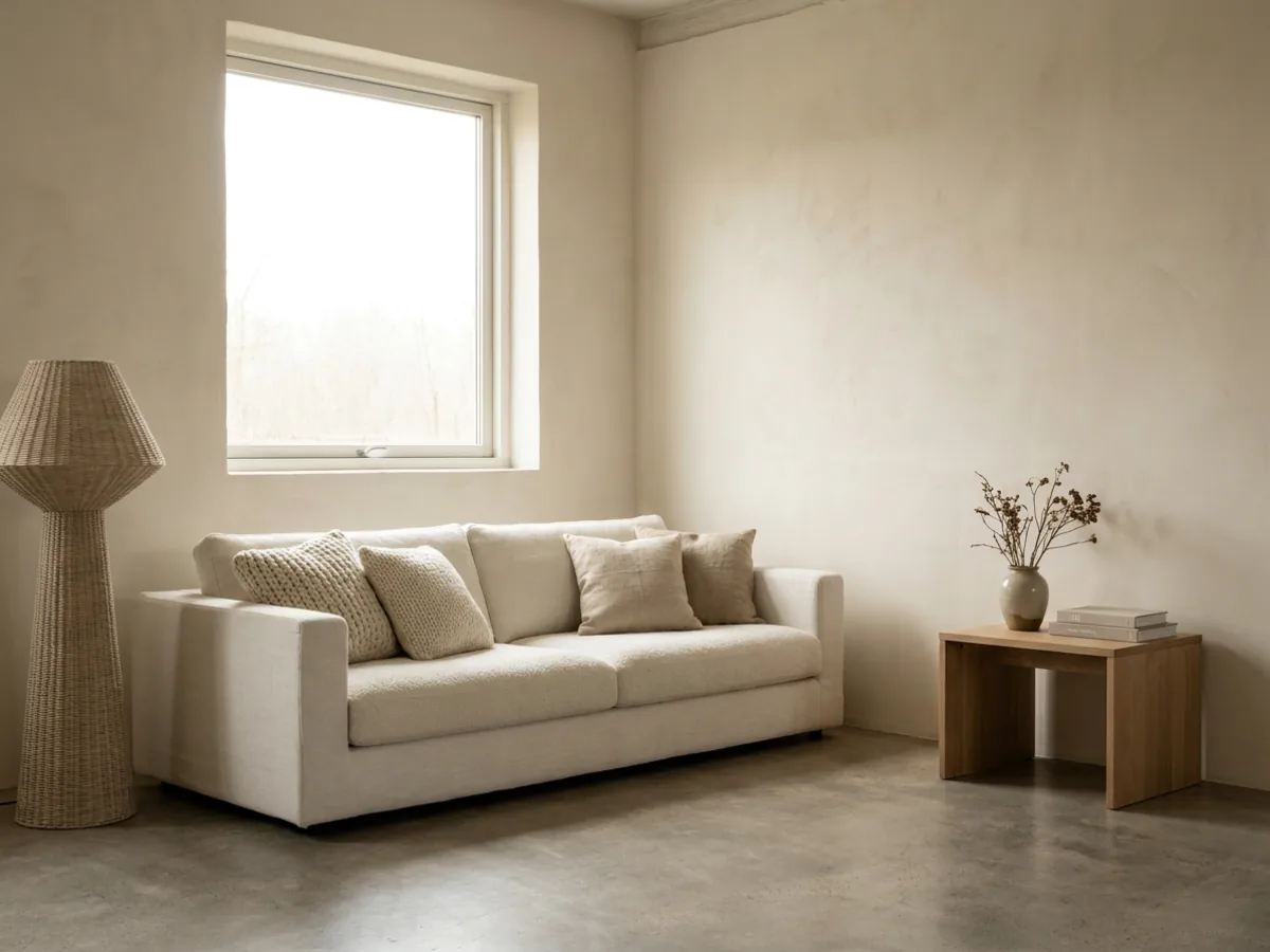 Le même salon en minimalisme chaleureux, murs en plâtre crémeux et chêne, douce lumière naturelle