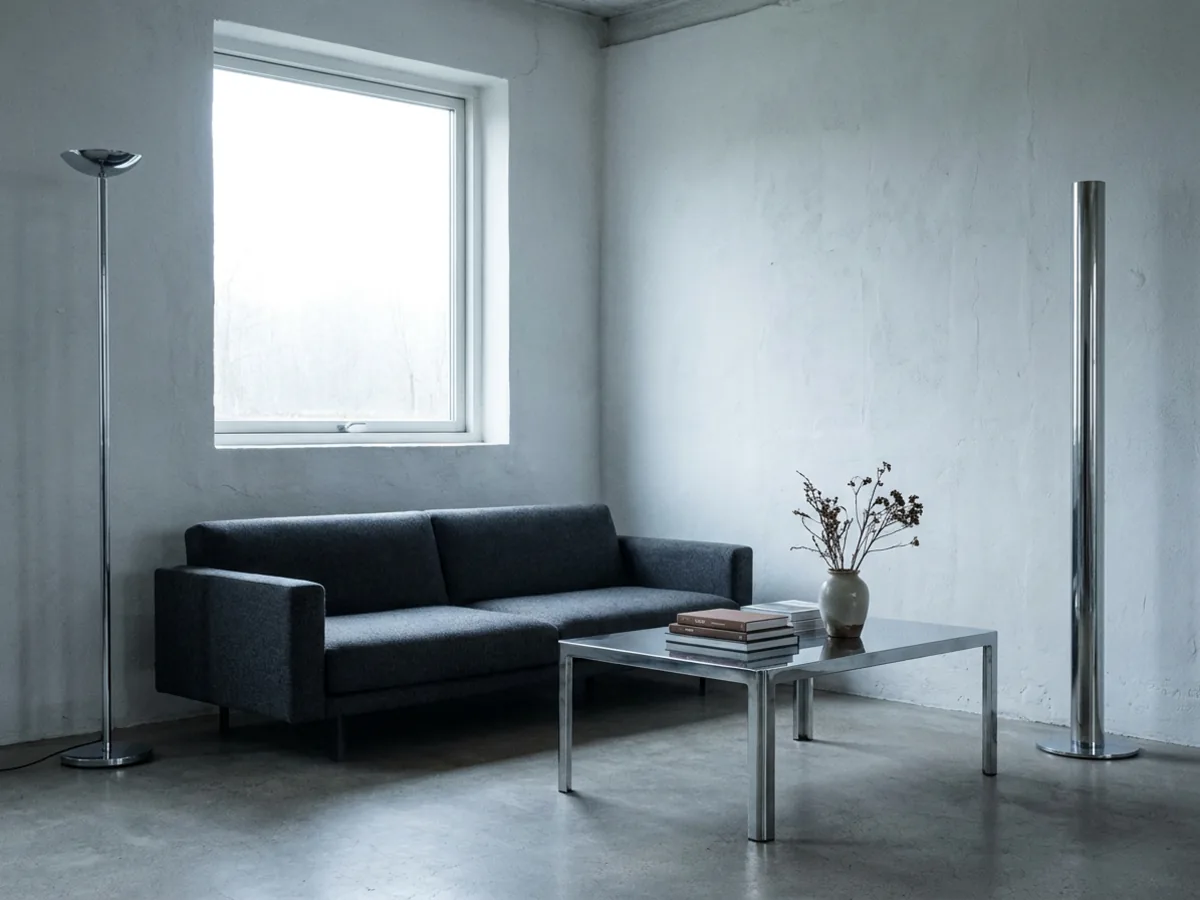 Salon minimaliste gris et froid avant le relooking, canapé gris plat et touches de chrome