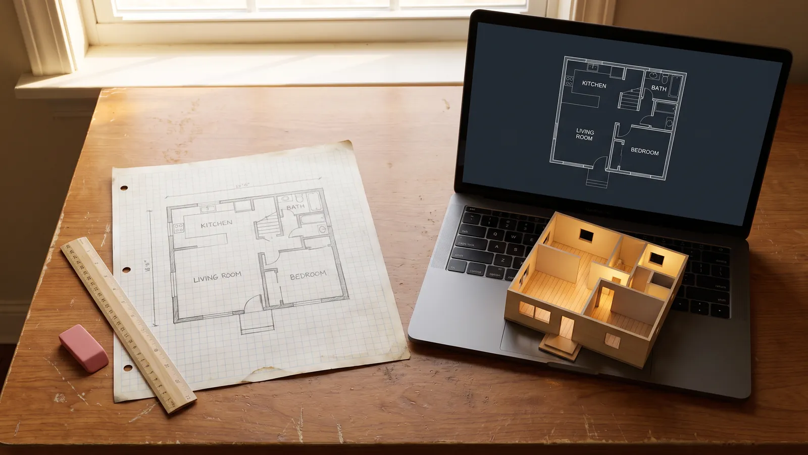 Plan d'étage dessiné à la main à côté du même plan numérisé avec un aperçu 3D
