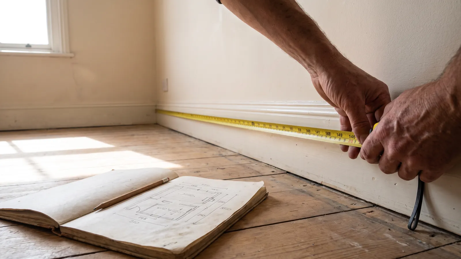 Mesure d'un mur avec un mètre ruban à côté d'un croquis de pièce dessiné à la main