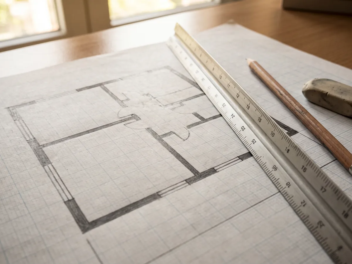 Plan d'étage dessiné à l'échelle sur du papier millimétré avec une règle d'architecte