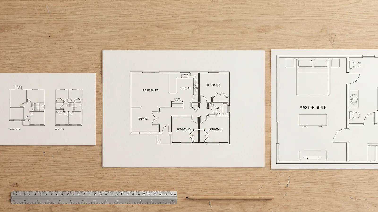 Une maison entière, un seul étage et une seule pièce dessinés à trois niveaux de détail différents