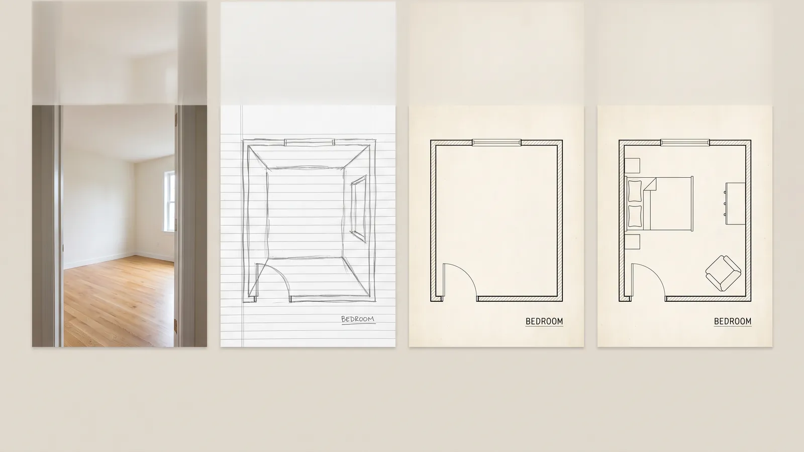 Une chambre déclinée de la pièce réelle au croquis, puis au plan mesuré avec meubles