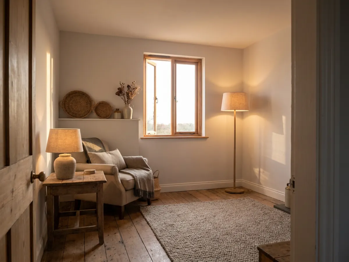 Une petite pièce avec un éclairage superposé de lumière naturelle et de lampes pour créer de la profondeur