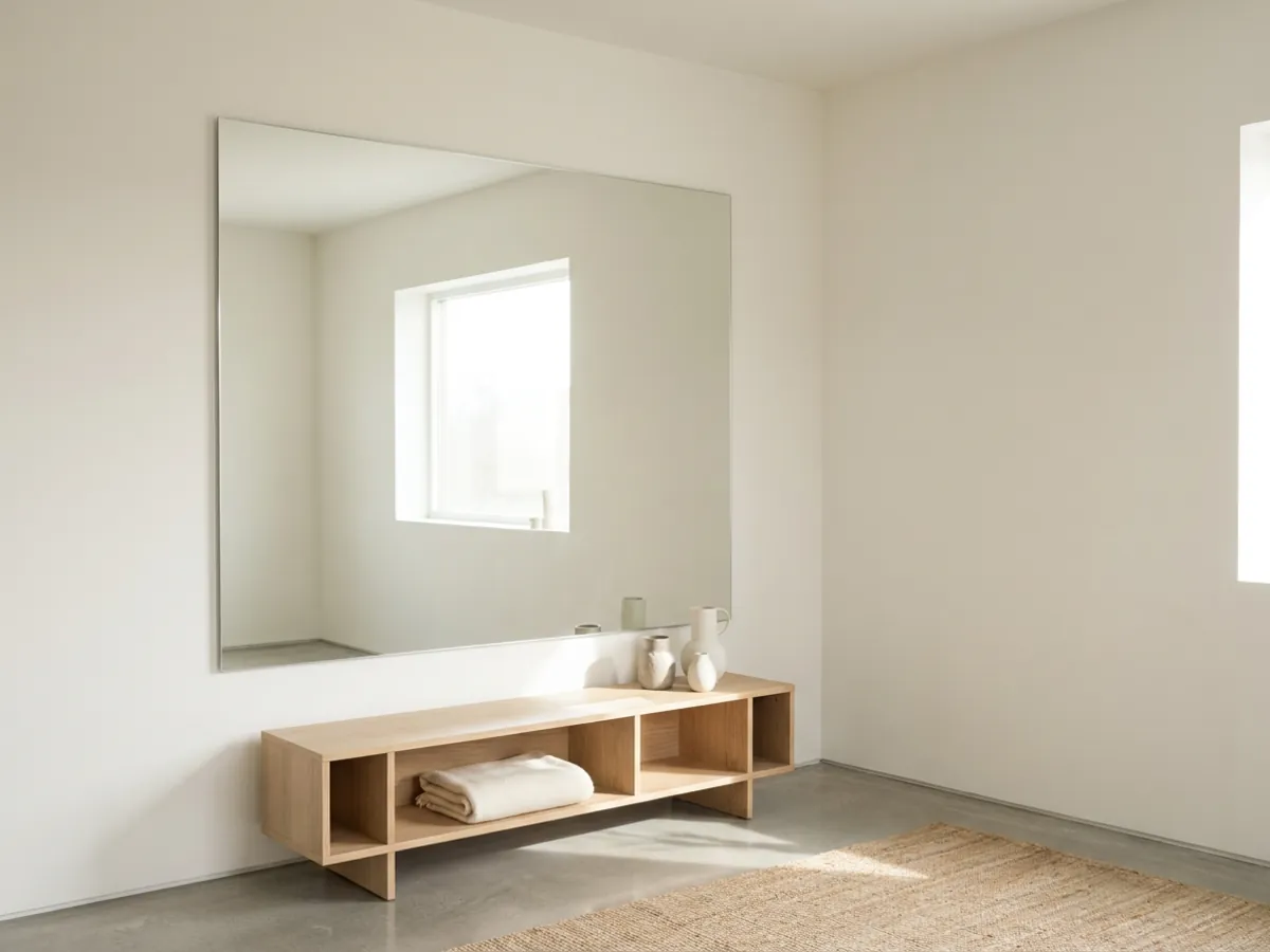 Un grand miroir placé face à une fenêtre qui diffuse la lumière dans une petite pièce