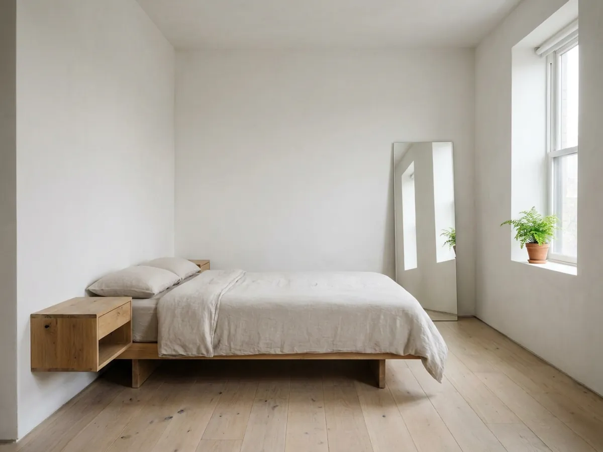 Une petite chambre agrandie visuellement grâce à un lit bas et des tables de chevet suspendues
