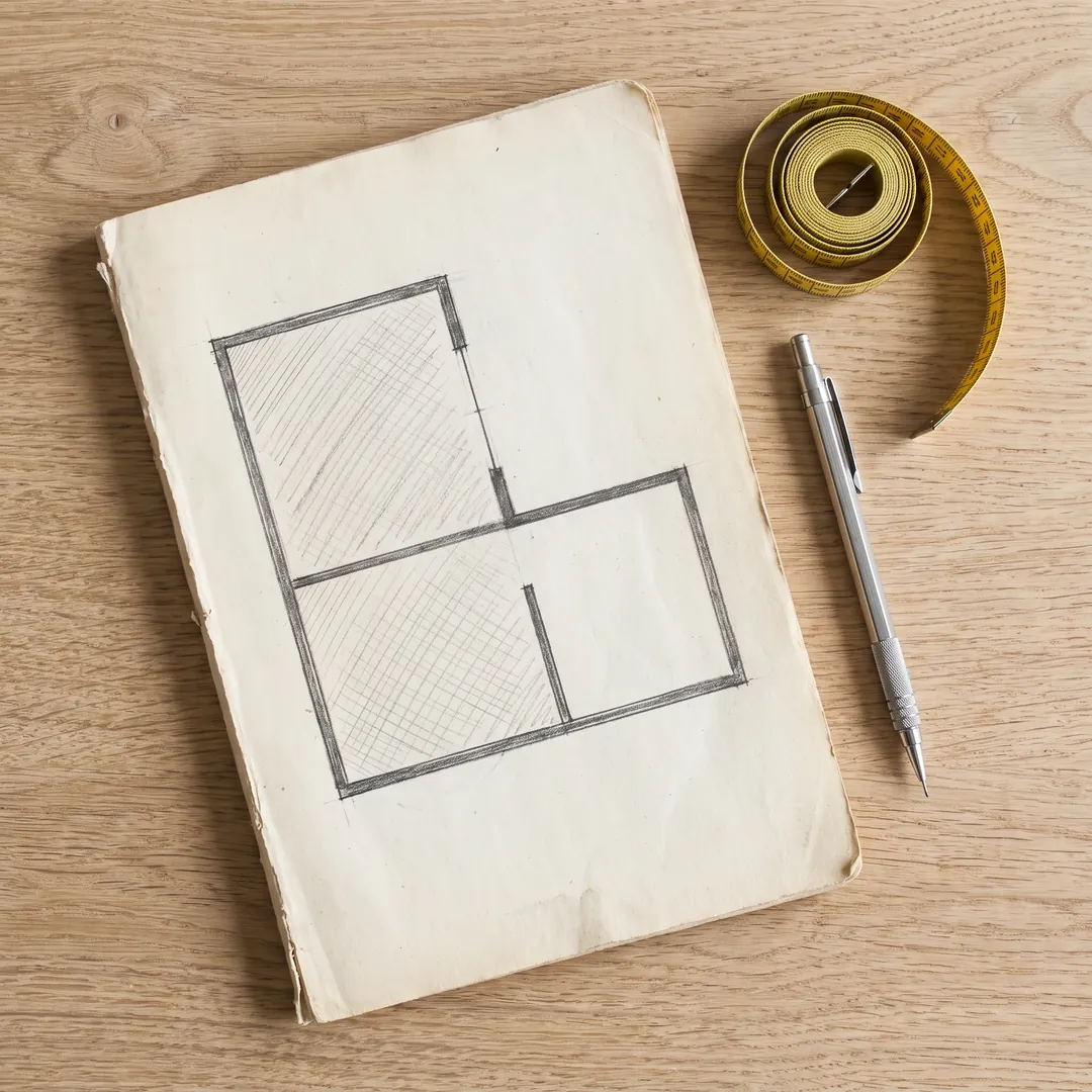 Carnet montrant une pièce en L divisée en deux rectangles