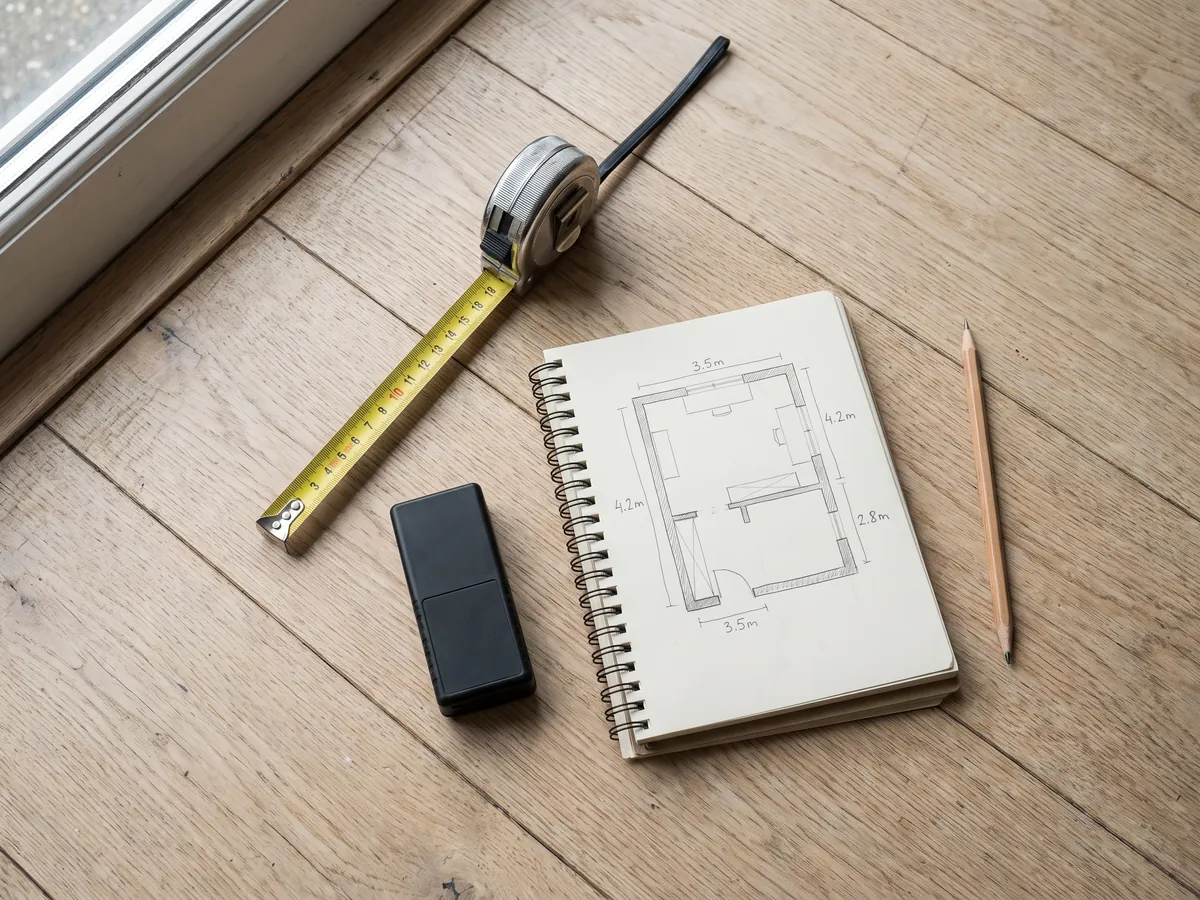 Mètre ruban, télémètre laser et carnet avec un croquis de pièce fait à la main