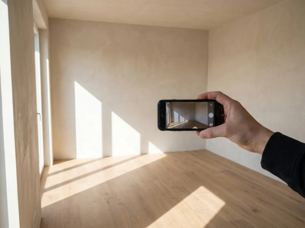 Prise de vue d'une pièce vide depuis un angle avec une bonne lumière pour l'aménagement