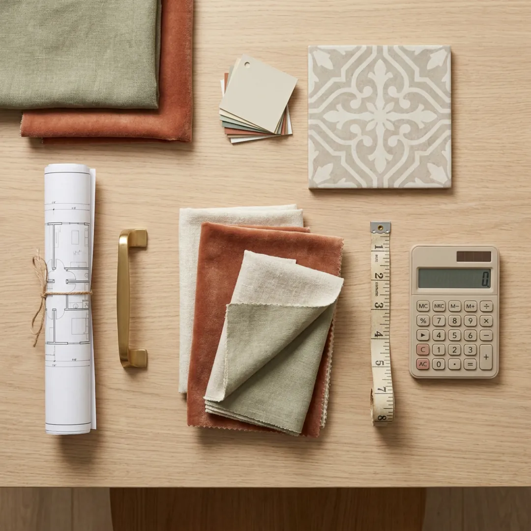 Un bureau bien rangé avec un contrat, des échantillons et une calculatrice, représentant les modèles de tarification en architecture d'intérieur