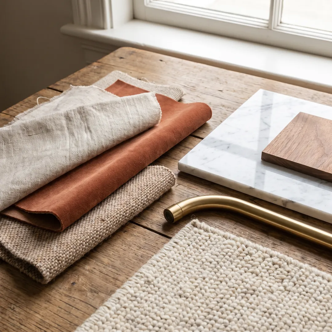 Planches de tendances, dessins et échantillons disposés, représentant ce que couvrent les honoraires de design d'intérieur