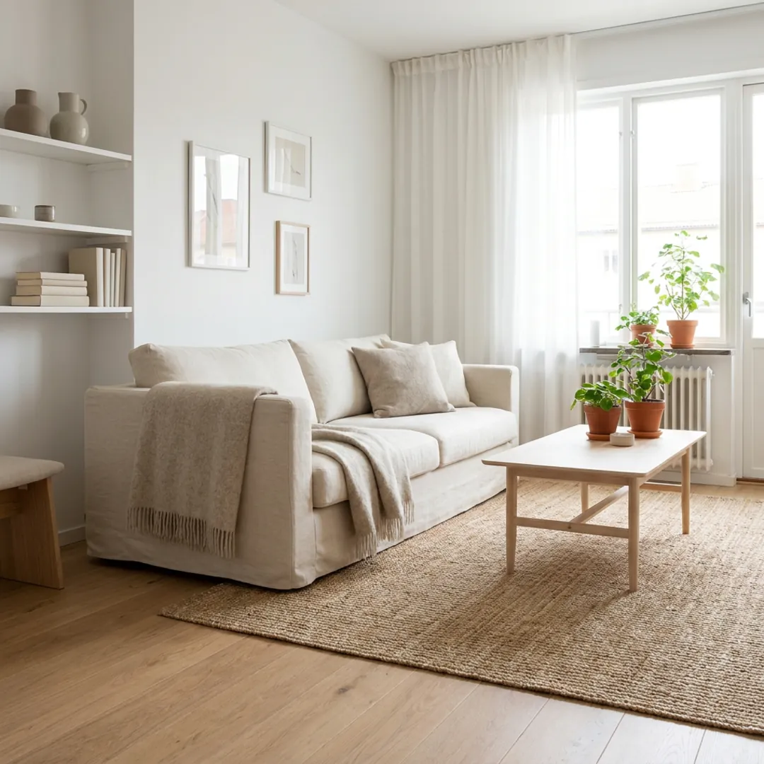 Une pièce lumineuse au style scandinave illustrant les avantages du home staging virtuel