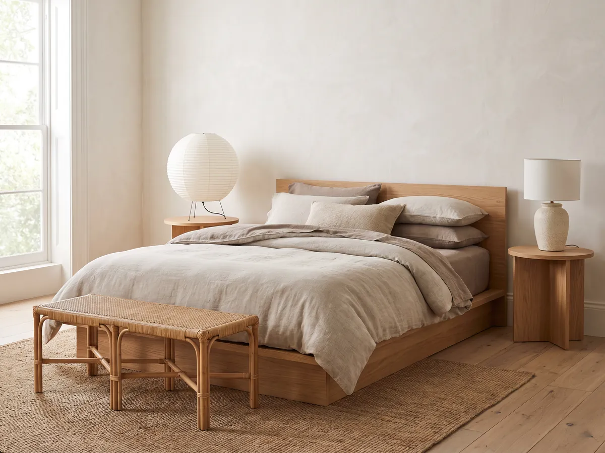 Une chambre Japandi avec un lit plateforme bas, du lin neutre et chaud, et une lumière douce