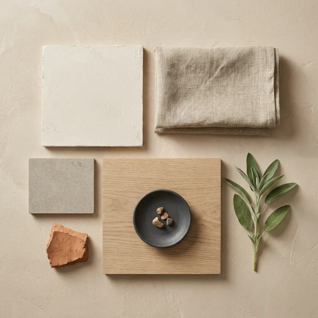 Palette de couleurs Japandi composée de tons neutres chauds, de nuances de bois et d'accents terreux