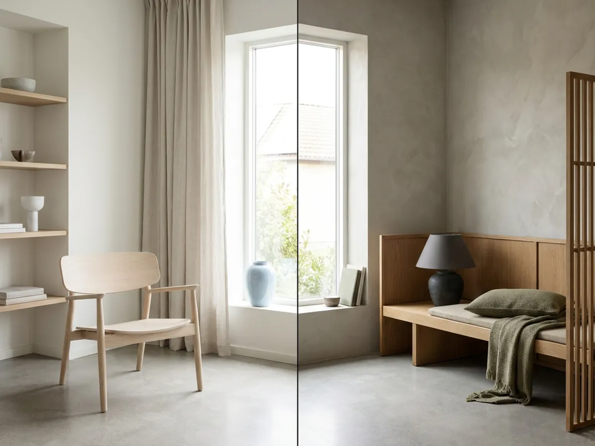 Une pièce scandinave plus claire à côté d'une pièce Japandi plus chaleureuse et ancrée