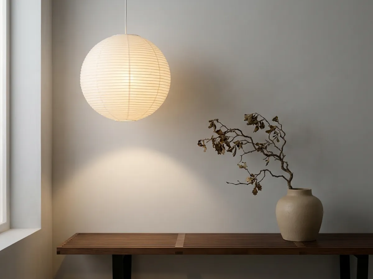 Éclairage Japandi chaleureux et superposé avec des luminaires en papier et en céramique