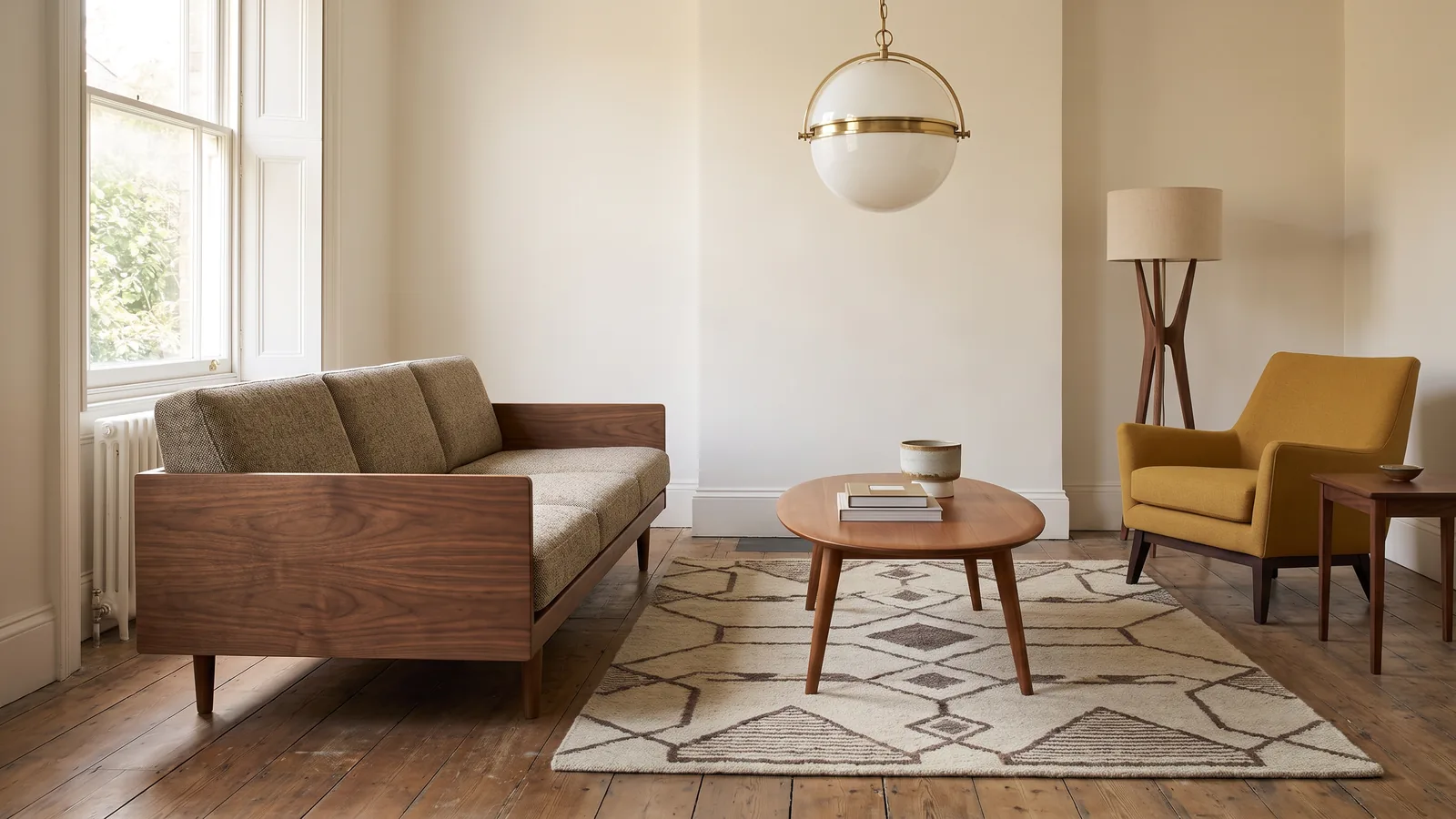 Den samme stue redesignet til mid century modern, planløsningen er bevaret