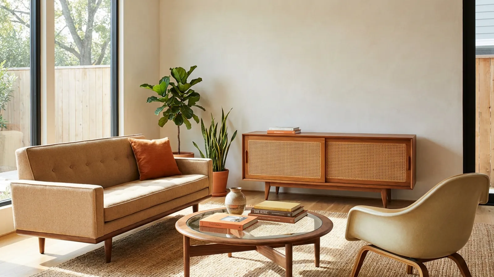 Meubles clés du style mid century modern comprenant un canapé bas, une chaise coque et un buffet en teck