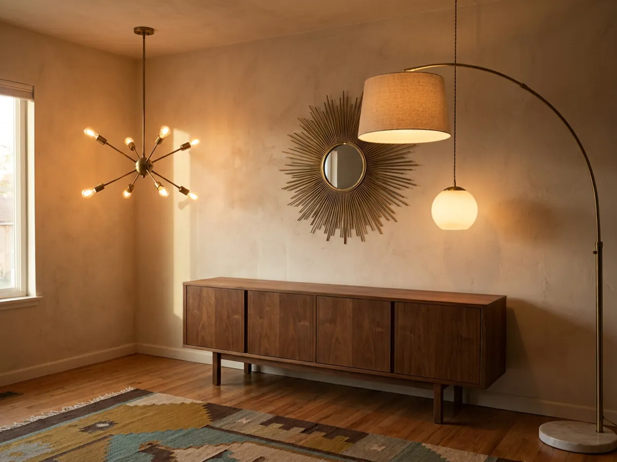 Luminaires mid century modern avec lustre sputnik, suspension globe et lampadaire arc