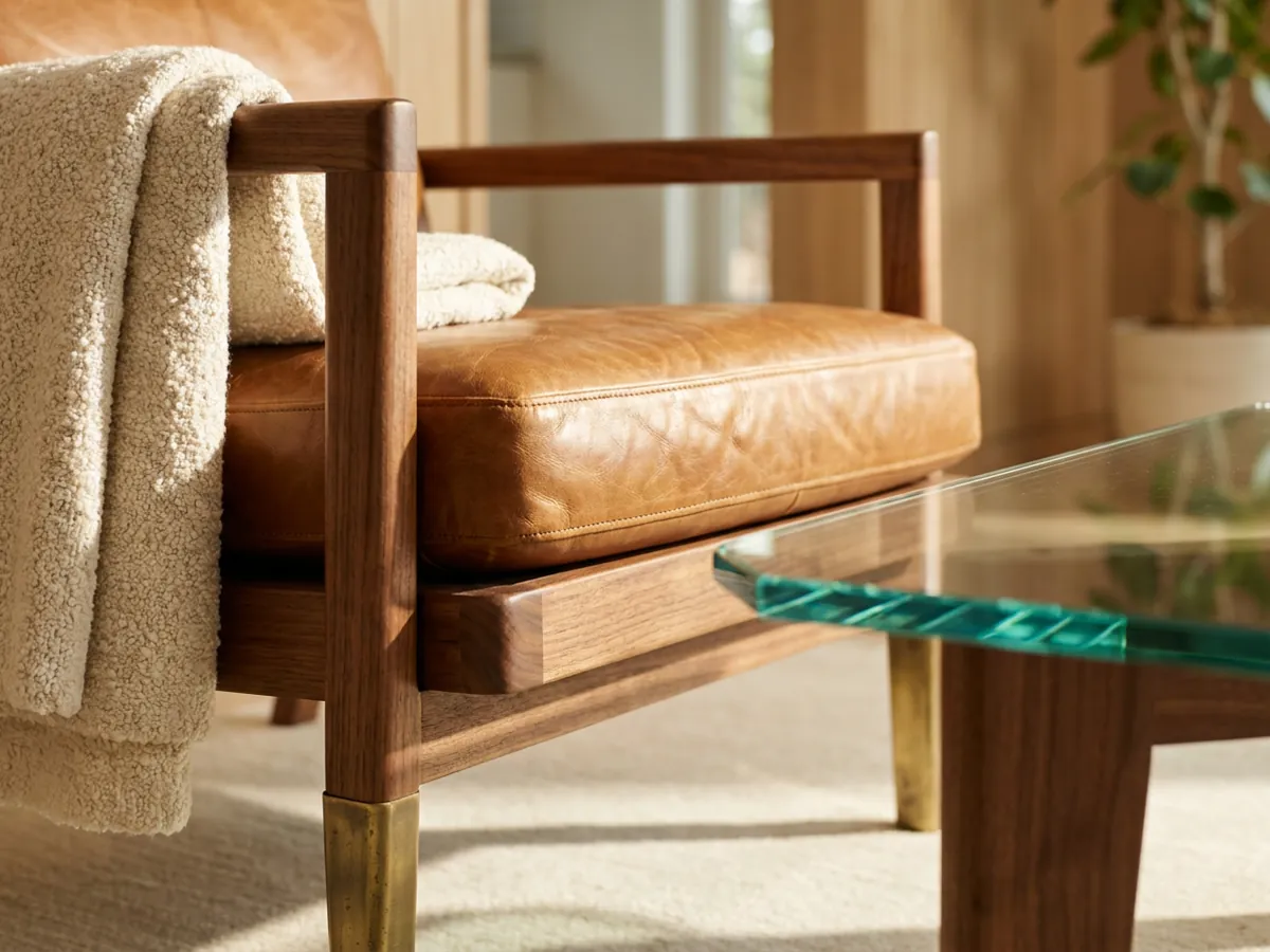 Matériaux mid century modern avec du noyer, du cuir caramel, du laiton et une texture bouclée