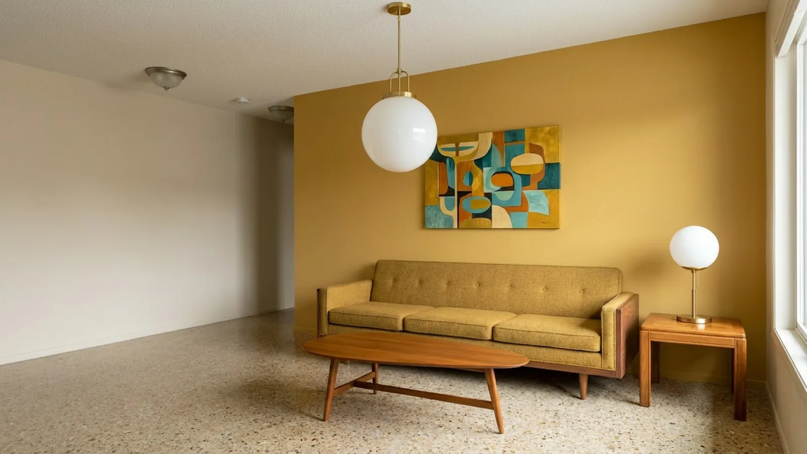 Le même salon repensé dans un style mid century modern avec un petit budget