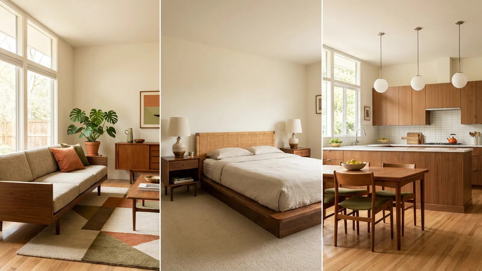 Salon, chambre et cuisine de style mid century modern présentés pièce par pièce