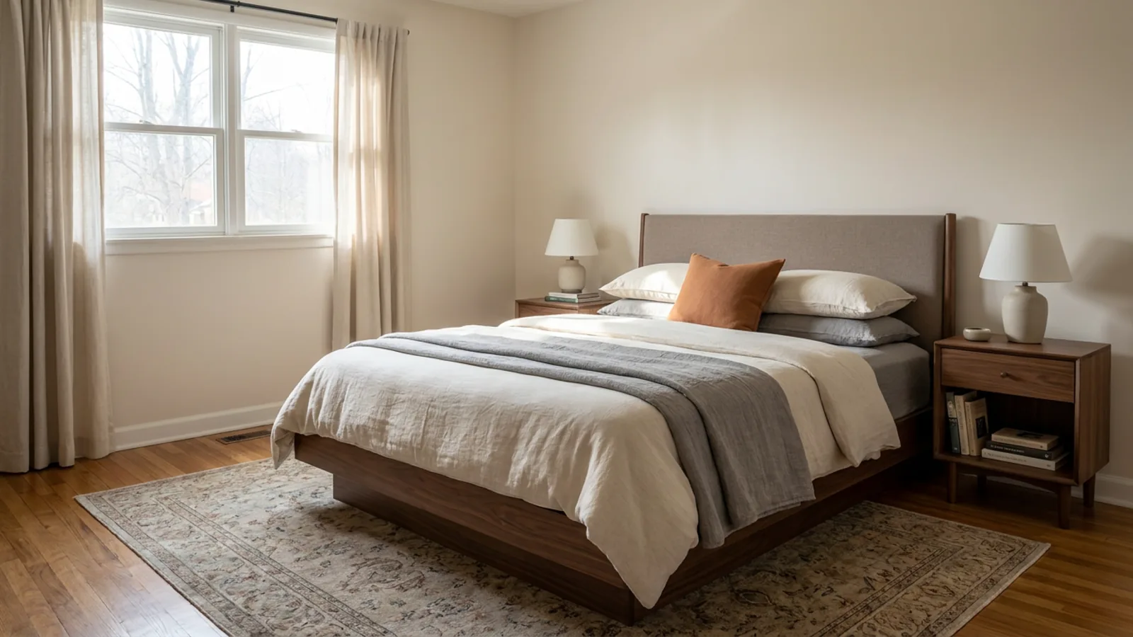 La même chambre réaménagée dans un style moderne avec un lit plateforme bas et du linge de lit neutre