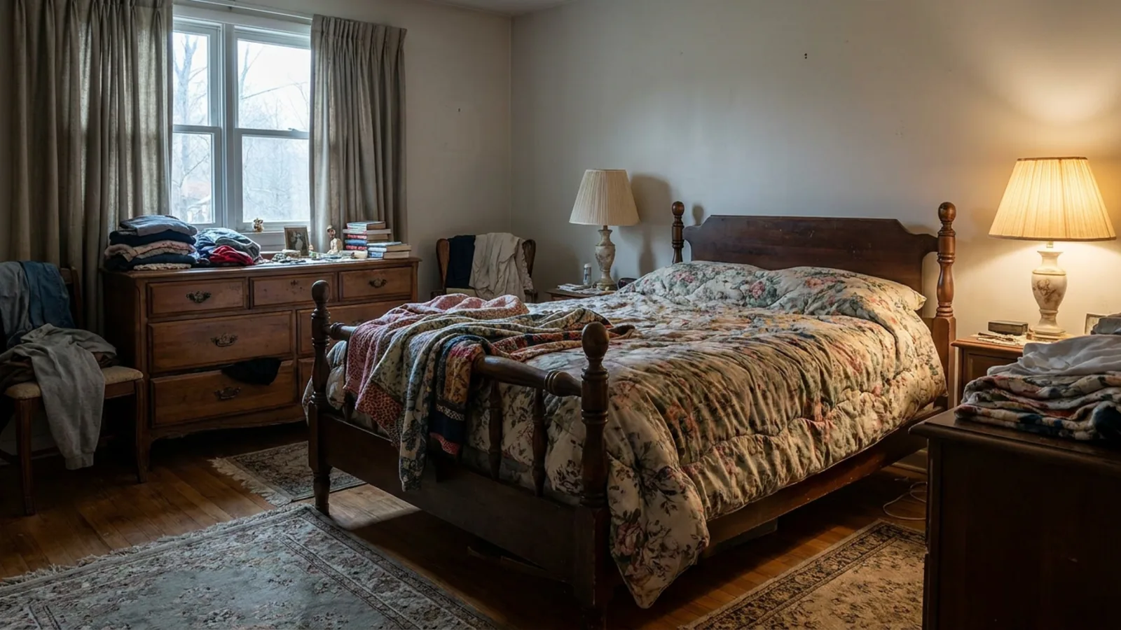 Une chambre encombrée et démodée
