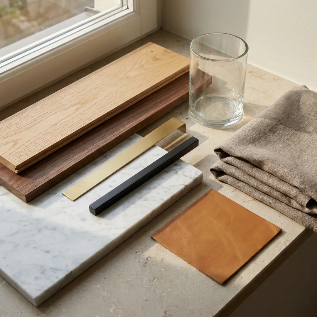 Palette de couleurs et matériaux d'intérieur modernes avec du bois, de la pierre et des textiles neutres