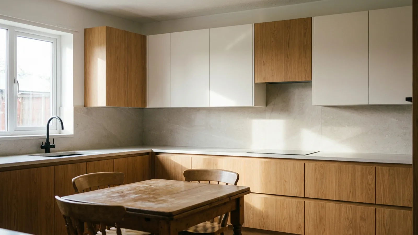 La même cuisine réaménagée dans un style moderne avec des placards sans poignées et un plan de travail en pierre