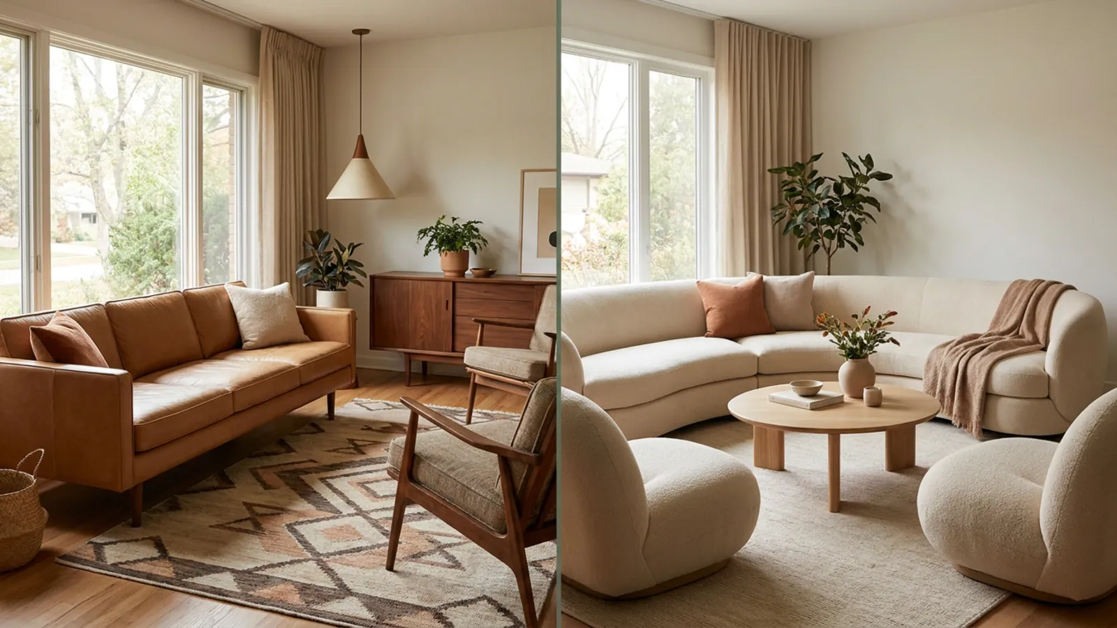 Une pièce moderne et chaleureuse à côté d'une pièce contemporaine plus fraîche, montrant la différence