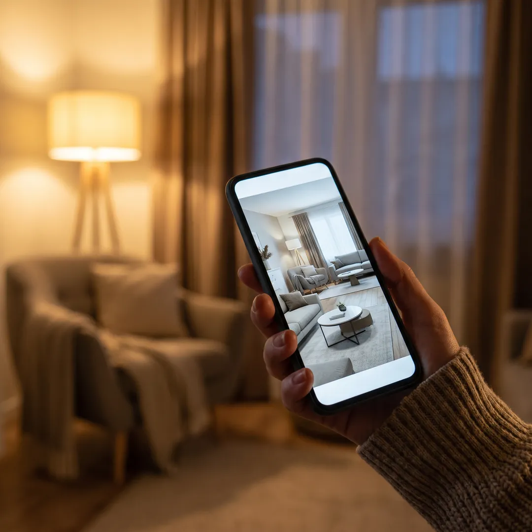 Visualisation du réaménagement d'une pièce sur un téléphone dans une pièce doucement éclairée