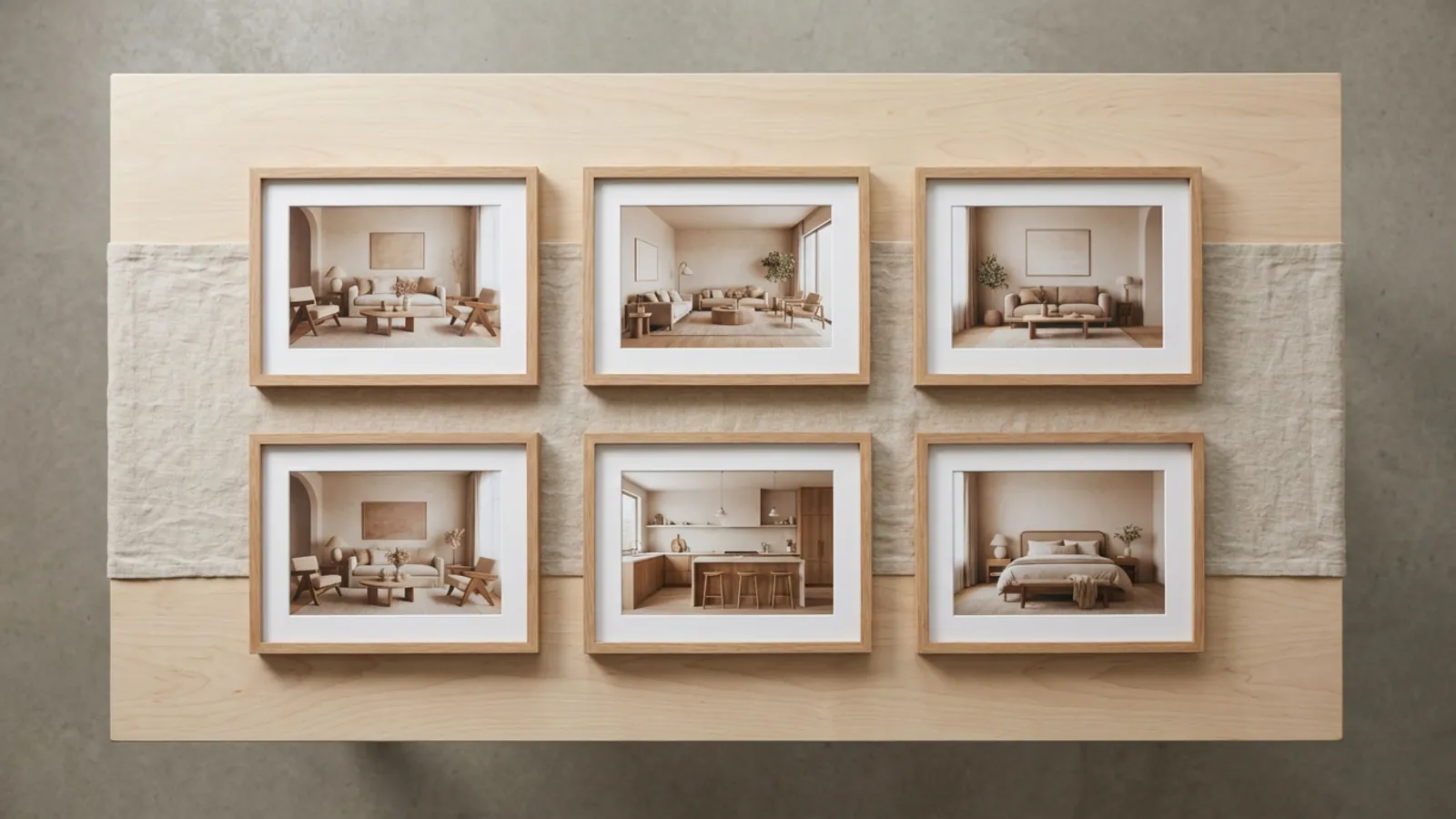 Plusieurs photos d'intérieur encadrées posées côte à côte pour comparaison sur un fond neutre