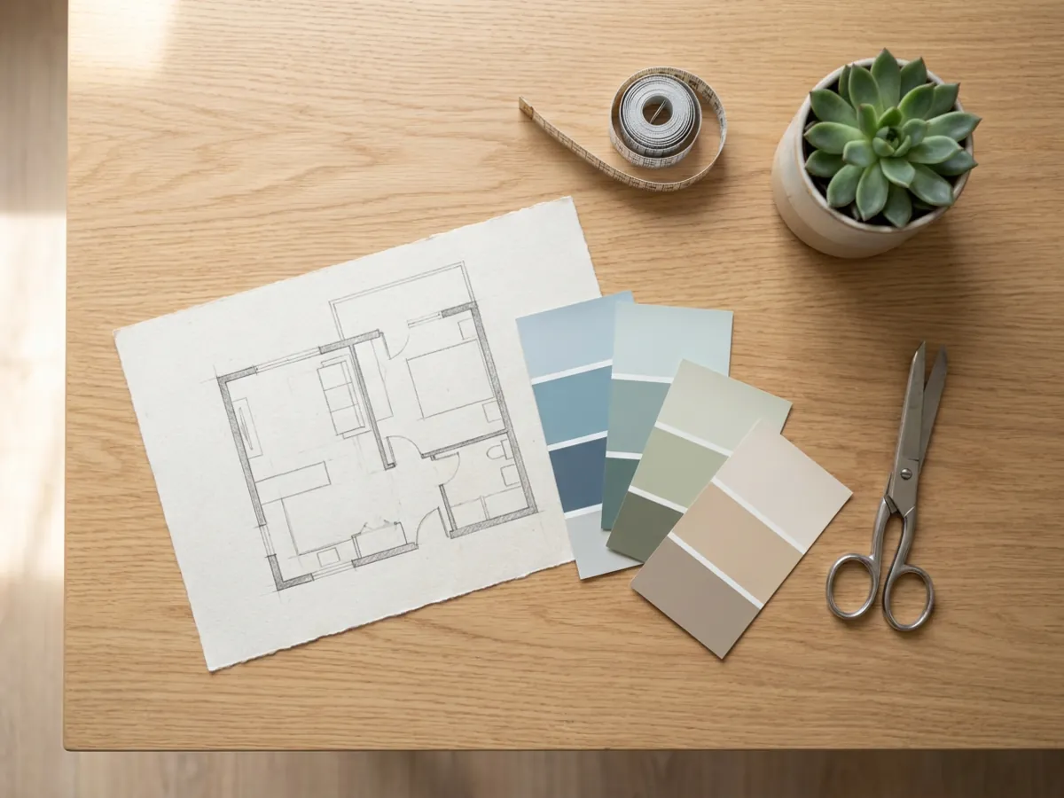 Un bureau de planification de design d'intérieur avec un croquis de plan au sol, des échantillons de couleurs et un mètre ruban
