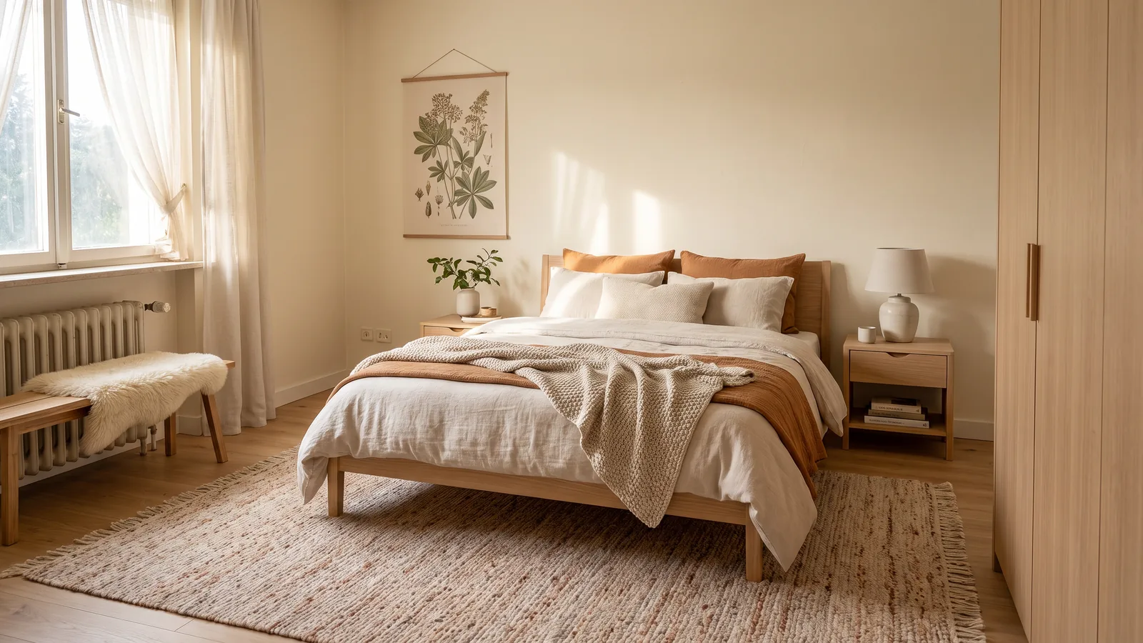La même chambre réaménagée dans un style scandinave chaleureux, les murs et la disposition restant inchangés