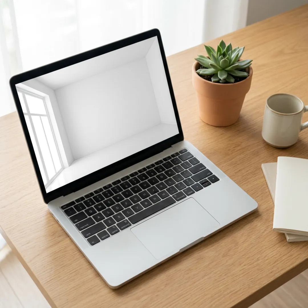 Ordinateur portable affichant un rendu de pièce vidée sur un bureau lumineux