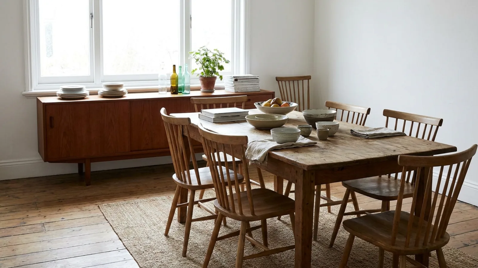 Une salle à manger encombrée avec une table et des chaises