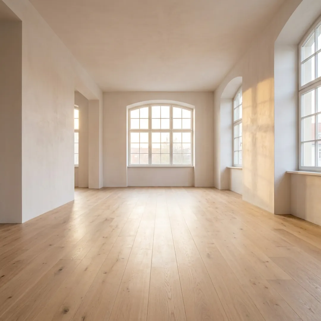 Salon d'appartement vide avec murs et sol nus prêt pour la mise en scène virtuelle