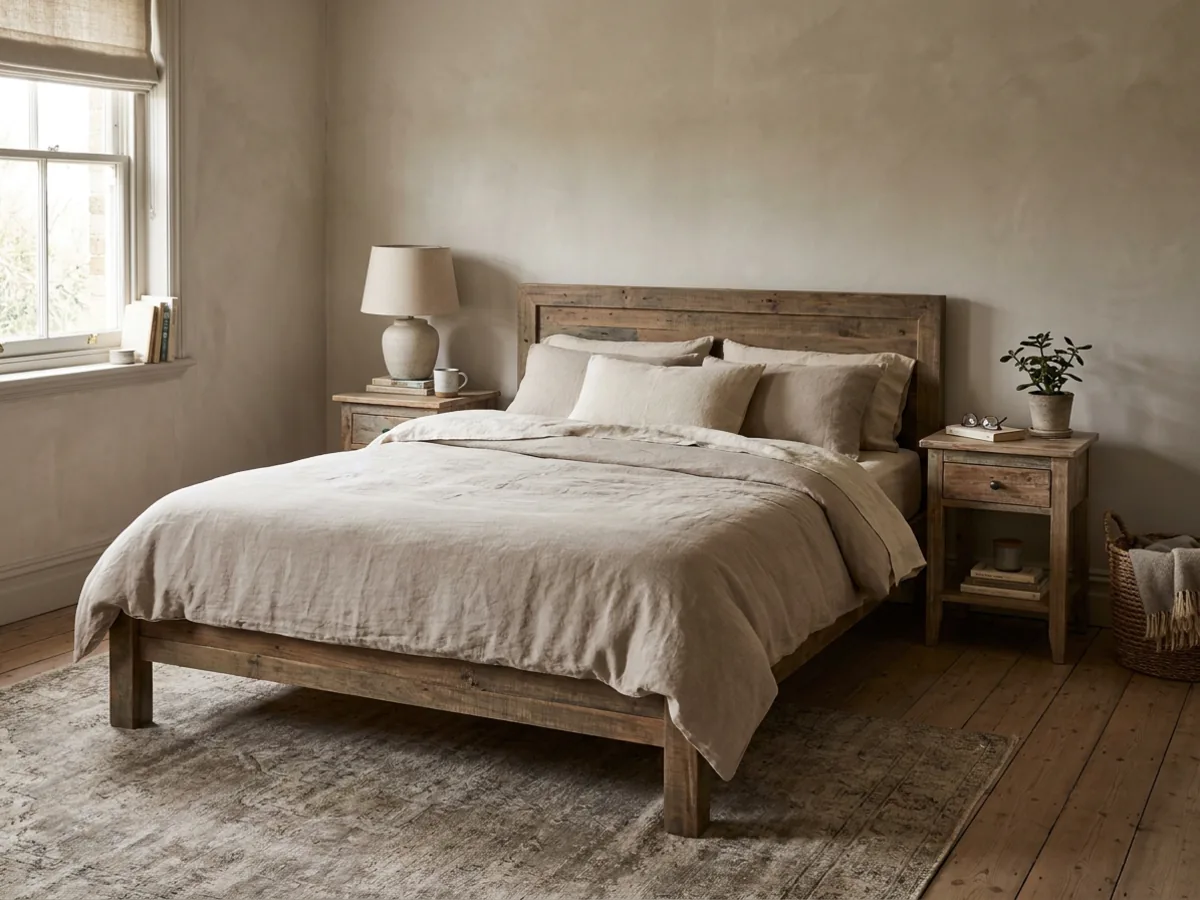 Une chambre avec un lit, des tables de chevet et du désordre