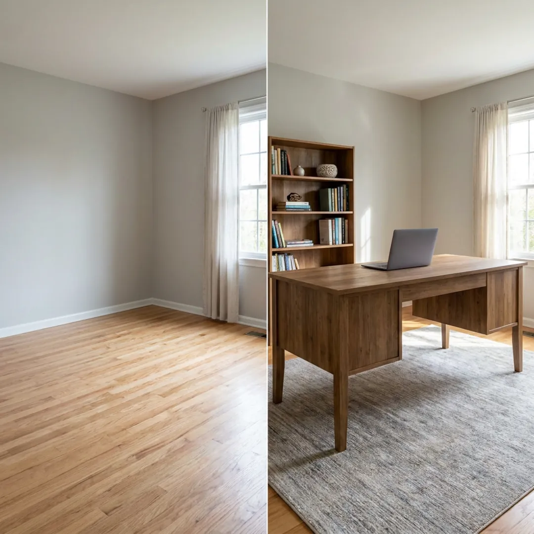 Bureau à domicile présenté entièrement vidé à côté du même bureau avec une seule chaise retirée