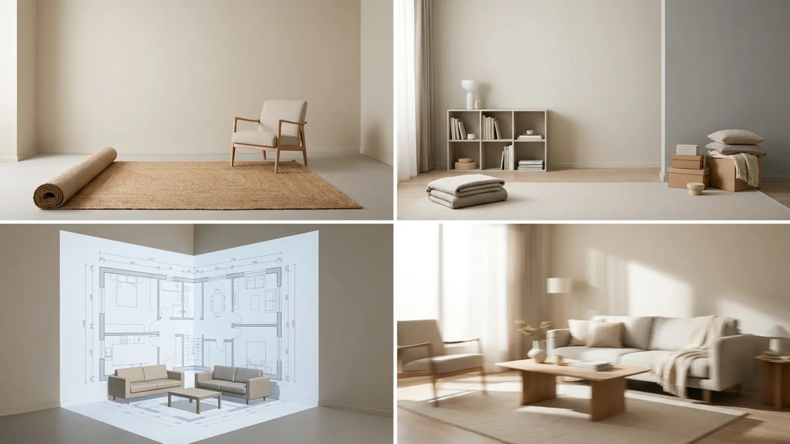 Quatre scènes d'intérieur : staging, désencombrement, un plan 2D converti en 3D et une image de visite virtuelle