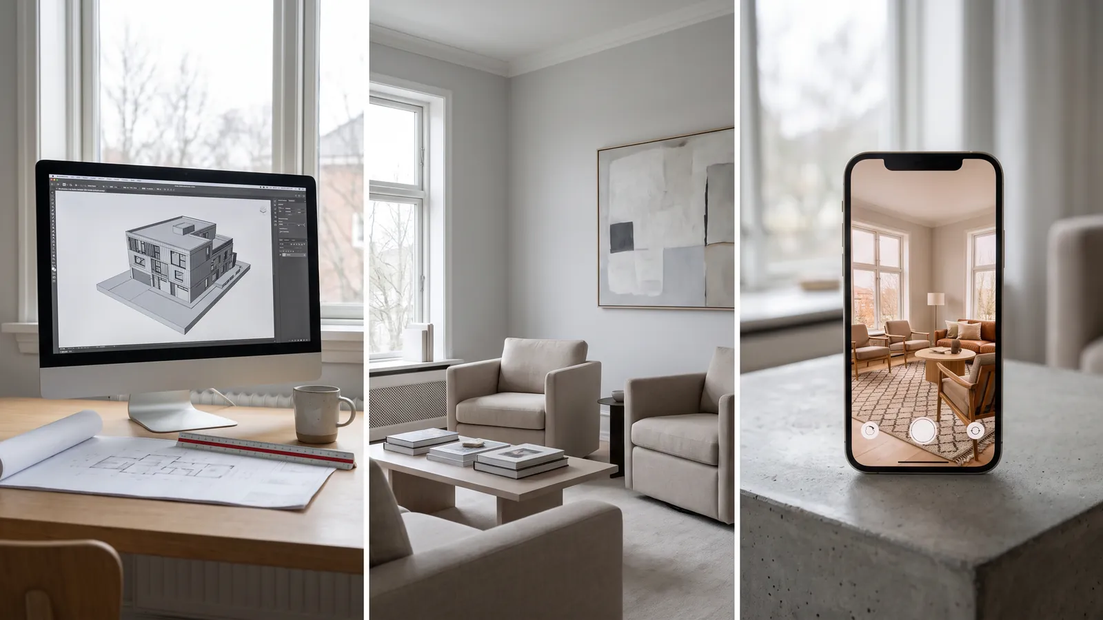 Trois espaces de travail : un modèle 3D d'architecture, une photo d'annonce immobilière avec staging et une application de réaménagement sur téléphone