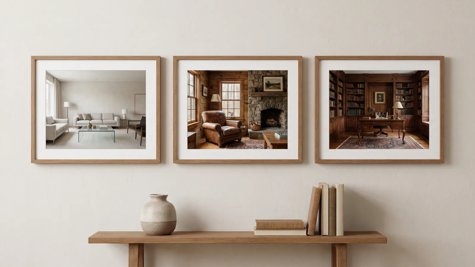 La même pièce cadrée trois fois, chacune dans un style de décoration différent