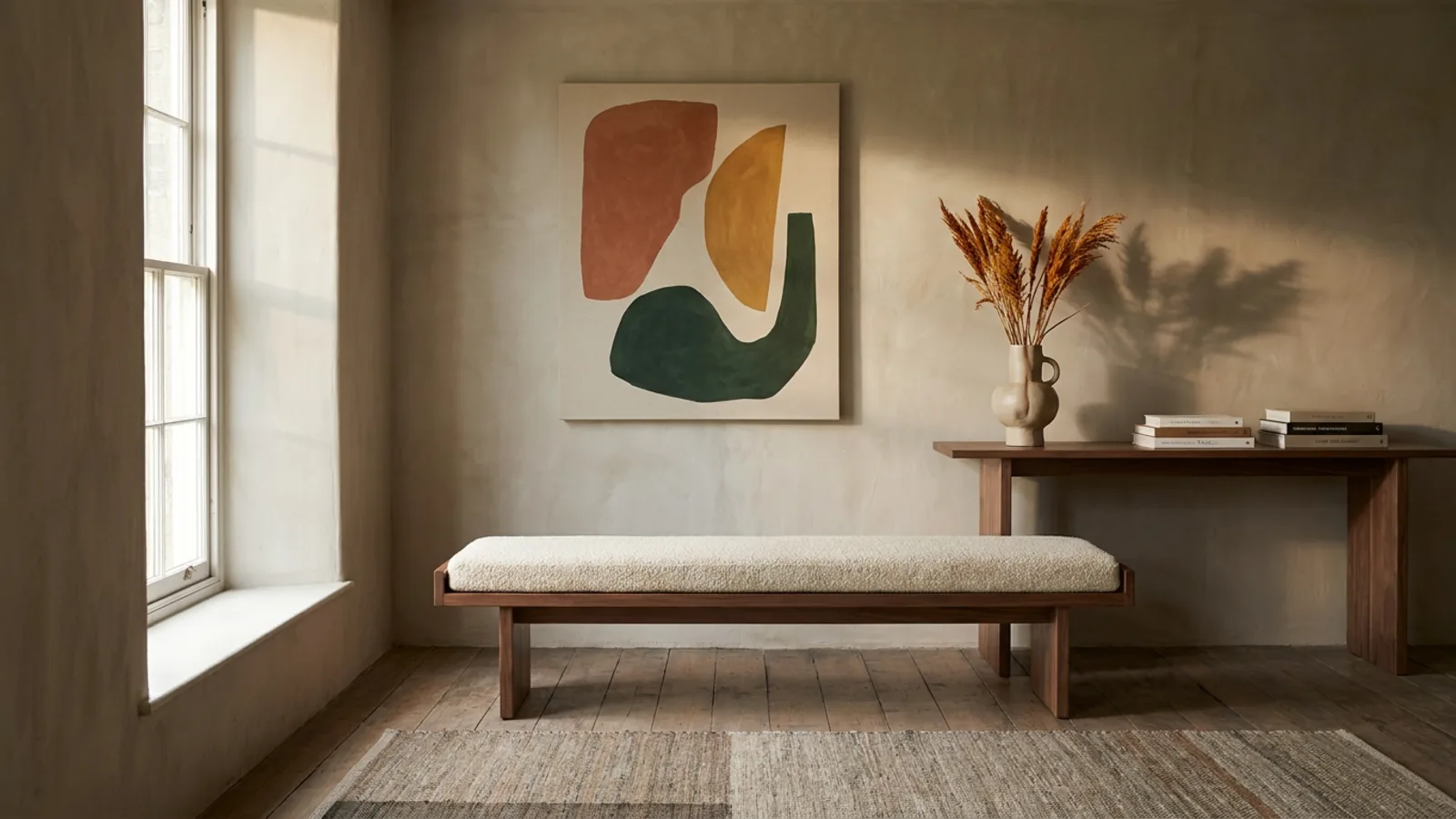 Le même salon réaménagé dans un style moderne et chaleureux, les murs et la disposition restant inchangés
