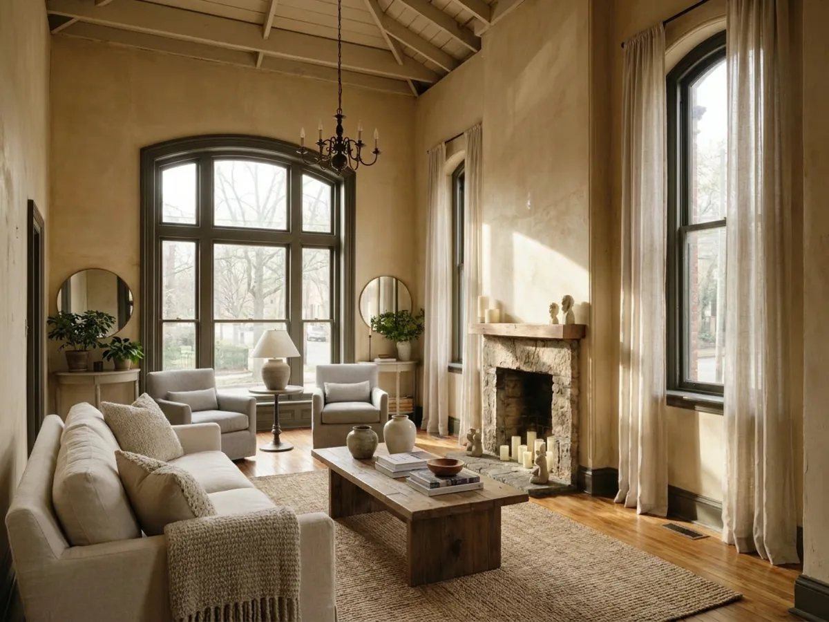 La même chambre meublée dans un style apaisant, avec des fenêtres et une disposition identiques