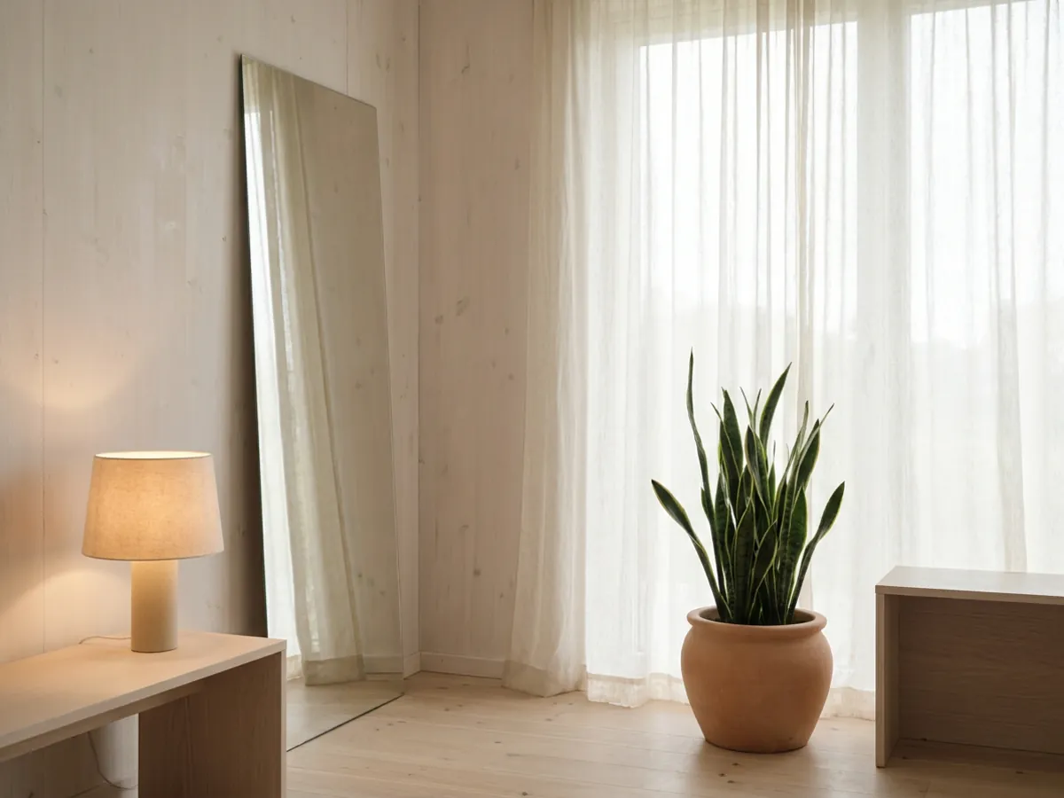 Une pièce scandinave maximisant la lumière avec des voilages, un miroir et des plantes