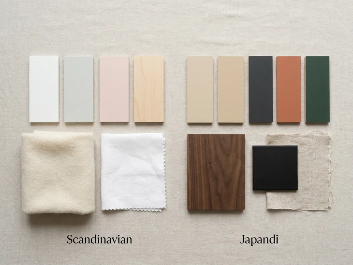 Palette neutre et lumineuse scandinave à côté d'une palette Japandi chaude et terreuse