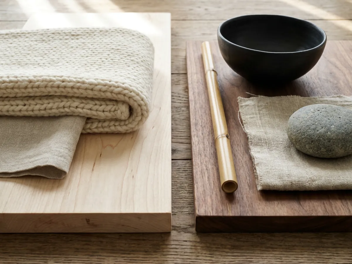 Bois scandinaves pâles à côté de bois et matériaux Japandi plus chauds et plus sombres
