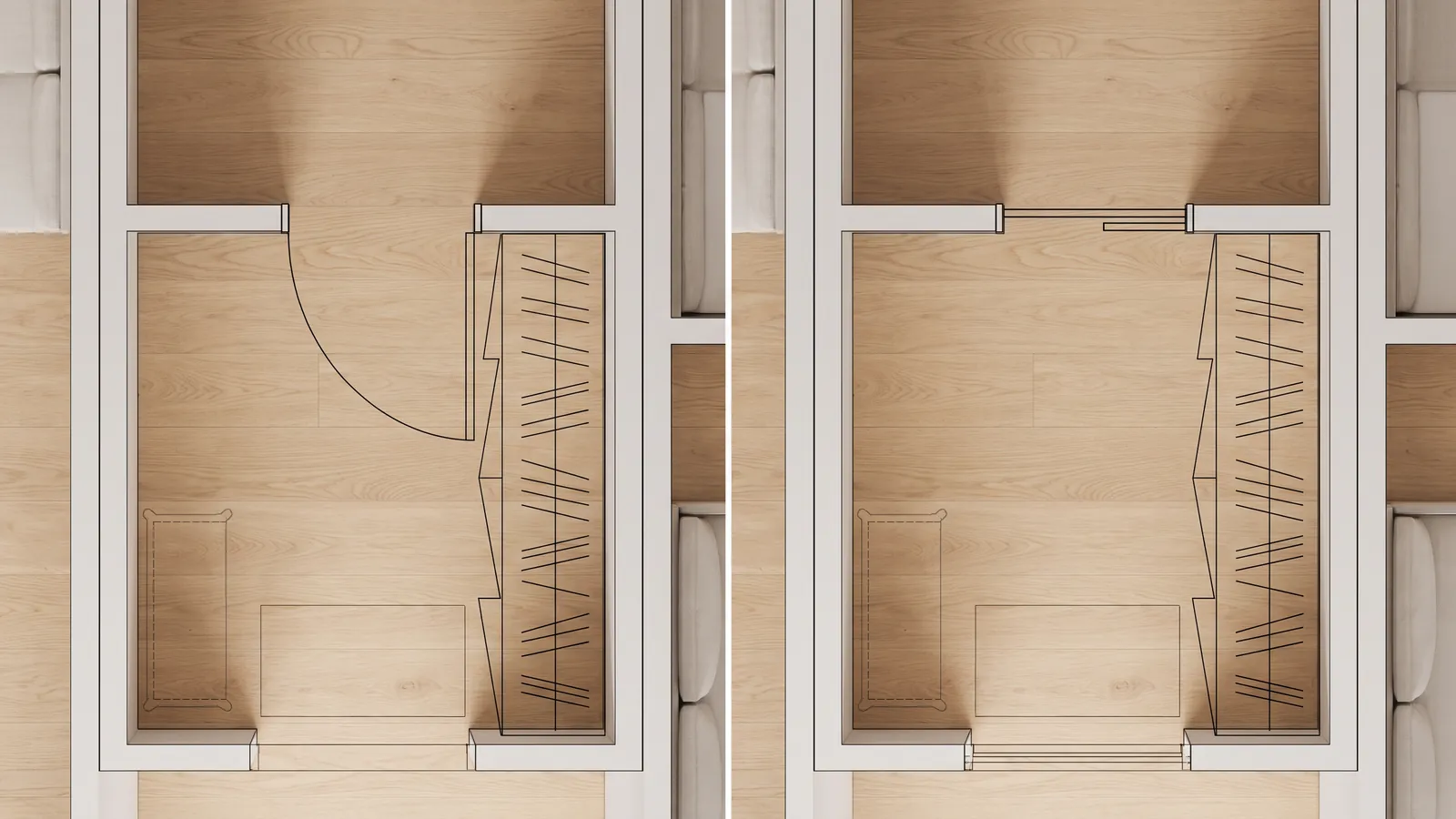 Une porte battante qui mange le sol de l'entrée à côté d'une porte coulissante qui le récupère